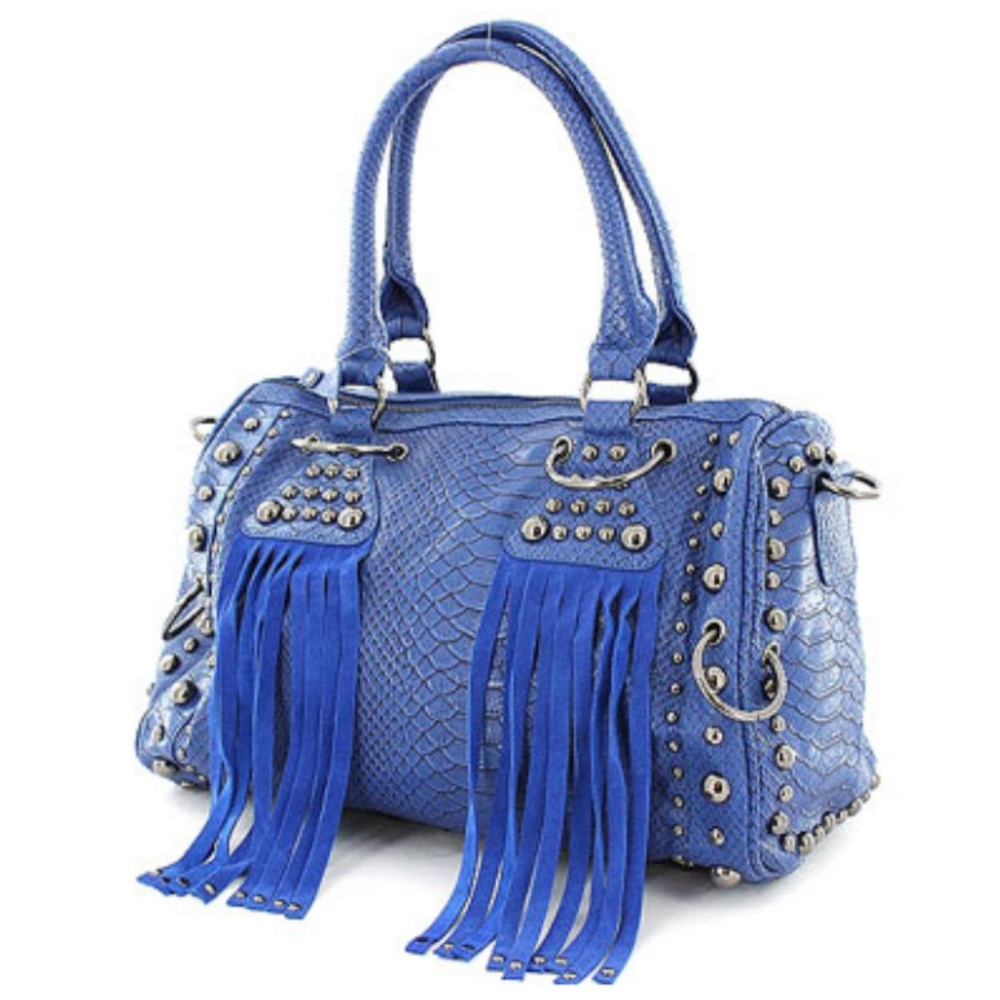 Galian Fringe Studded Python Print Blue Handbag